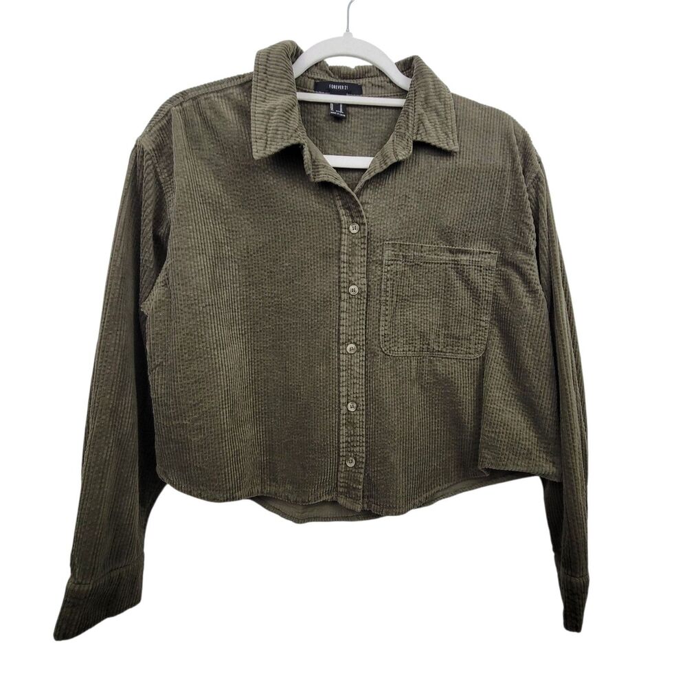 Forever 21 Lightweight Crop Corduroy Green Button Flannel Jacket Size Medium